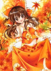 Rule 34 | 1girl, ahoge, ascot, autumn, autumn leaves, bad id, bad pixiv id, bare shoulders, bow, breasts, brown eyes, brown hair, collarbone, detached sleeves, fingernails, hair bow, hair tubes, hakurei reimu, highres, izumo neko, looking at viewer, midriff, nail polish, navel, open mouth, outdoors, red nails, ribbon-trimmed sleeves, ribbon trim, skirt, skirt hold, smile, solo, touhou, upper body, wide sleeves