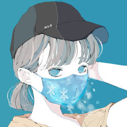 Rule 34 | 1girl, absurdres, arm up, baseball cap, black hat, blue background, blue eyes, blue mask, brown hair, hat, highres, looking at viewer, mask, mouth mask, nocopyrightgirl, original, ponytail, portrait, shirt, short hair, simple background, snowflakes, solo, yellow shirt