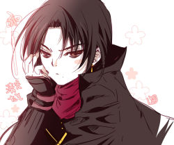 Rule 34 | 10s, 1boy, bad id, bad pixiv id, brown hair, head rest, earrings, jewelry, kashuu kiyomitsu, koge donbo, male focus, mole, mole under mouth, nail polish, personification, red eyes, scarf, solo, text focus, touken ranbu