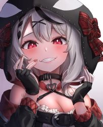 Rule 34 | 1girl, absurdres, black gloves, blush, bow, breasts, cleavage, fang, fingerless gloves, gloves, grey hair, grin, highres, hololive, hood, hood up, jacket, long sleeves, looking at viewer, medium hair, nail polish, off shoulder, open clothes, open jacket, plaid, plaid bow, red bow, red eyes, red nails, sakamata chloe, smile, solo, una hirag, upper body, virtual youtuber