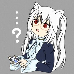 Rule 34 | ...?, 1girl, @ @, animal ears, black jacket, breasts, cat ears, cat girl, confused, controller, cropped torso, dualshock, game controller, gamepad, glasses, grey background, head tilt, holding, holding controller, holding game controller, jacket, long hair, magari (c0rn3r), medium breasts, nora cat, nora cat channel, open clothes, open jacket, open mouth, playstation controller, simple background, solo, upper body, virtual youtuber, white hair