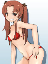 Rule 34 | 1girl, bikini, black bow, blue background, bow, breasts, brown eyes, brown hair, commentary, cowboy shot, girls und panzer, gradient background, grin, hair bow, kadotani anzu, leaning forward, long hair, looking at viewer, naughty face, navel, ngc20701, parted bangs, red bikini, shadow, side-tie bikini bottom, small breasts, smile, solo, standing, string bikini, swimsuit, twintails, wide hips