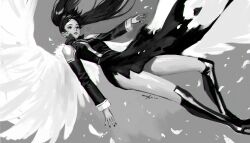 Rule 34 | 1girl, absurdres, boots, breasts, d.gray-man, dated, dress, feathered wings, feathers, feet out of frame, floating, floating hair, greyscale, high heels, highres, knee boots, korean commentary, lenalee lee, long hair, long sleeves, looking ahead, monochrome, nail polish, osuk2, parted lips, reaching, signature, simple background, small breasts, solo, torn clothes, torn dress, twintails, wings