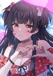 Rule 34 | 1girl, absurdres, black hair, blue sky, blush, breasts, brown eyes, cleavage, cloud, day, heart, heart print, heart stickers, highres, idolmaster, idolmaster shiny colors, long hair, looking at viewer, mayuzumi fuyuko, medium breasts, momomoi momoi, outdoors, red shirt, shirt, sky, solo, sticker on face, two side up, upper body