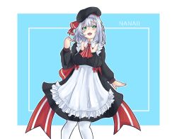 Rule 34 | 1girl, absurdres, apron, ascot, beret, black dress, blue background, blush, braid, braided bangs, commentary, detached collar, dress, english commentary, genshin impact, green eyes, grey hair, hat, head tilt, highres, long hair, looking at viewer, maid apron, nanaii desu, noelle (genshin impact), noelle (kfc) (genshin impact), open hand, open mouth, pantyhose, pinky out, red ascot, smile, solo, white apron, white pantyhose