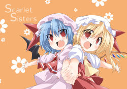 Rule 34 | 2girls, ascot, bat wings, bibi02, blonde hair, blue hair, blush, bow, brooch, fang, female focus, flandre scarlet, hat, hat bow, holding hands, jewelry, multiple girls, open mouth, outstretched arm, outstretched hand, red eyes, remilia scarlet, short hair, siblings, side ponytail, sisters, touhou, wings