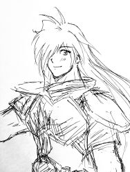 Rule 34 | 1boy, absurdres, armor, gourry gabriev, highres, light smile, long hair, looking at viewer, male focus, monochrome, slayers, smile, solo, swordman, upper body