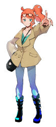 1girl bag black_bag blue_pants brown_jacket closed_mouth creatures_(company) eyewear_on_head full_body game_freak glasses green_eyes hair_ornament heart heart_hair_ornament highres jacket long_sleeves looking_at_viewer nintendo orange_hair pants pokemon pokemon_swsh shoulder_bag side_ponytail smile solo sonia_(pokemon) white_background yachimata_1205