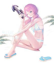 Rule 34 | 1girl, absurdres, ahoge, alternate costume, arknights, bikini, blue eyes, blue nails, blue poison (arknights), bow (weapon), breasts, character name, closed mouth, commentary request, copyright name, crossbow, flip-flops, highres, long hair, low twintails, nail polish, navel, one eye closed, pink hair, sandals, see-through, shoes, single shoe, sitting, small breasts, solo, swimsuit, twintails, weapon, white bikini, yaoko