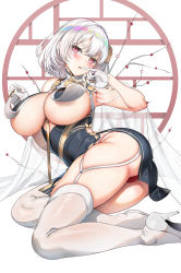 Rule 34 | 1girl, armpits, asahina hikage, ass, azur lane, barefoot, blush, breast curtains, breasts, breasts out, clothes lift, garter straps, gloves, hair between eyes, hair ornament, half gloves, high heels, highres, large breasts, looking at viewer, official alternate costume, open mouth, panties, pelvic curtain, pinky out, red eyes, red panties, revealing clothes, see-through, short hair, side slit, sirius (azur lane), sirius (azure horizons) (azur lane), sitting, solo, thighhighs, thighs, underwear, white gloves, white hair, white thighhighs, yokozuwari