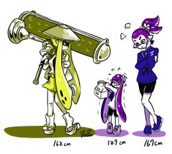 Rule 34 | 1boy, 2girls, ajirogasa, angry, artist name, beauty (zoza), bike shorts, blonde hair, blunt bangs, flower, flying sweatdrops, frightening (zoza), fume, girly boy, hair flower, hair ornament, hat, height difference, holding, holding weapon, inkling, inkling boy, inkling girl, inkling player character, japanese clothes, long hair, long sleeves, looking at another, multiple girls, neckerchief, nintendo, o o, partially colored, pointy ears, pretty (zoza), purple hair, sailor collar, sandals, scared, shoes, short hair, siblings, single vertical stripe, splatoon (series), splatoon 1, standing, tabi, tentacle hair, topknot, trembling, weapon, yellow eyes, zoza