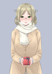 Rule 34 | 1girl, alternate costume, blonde hair, blush, box, breasts, breath, coat, folded ponytail, gift, gift box, glasses, green eyes, grey background, highres, holding, holding gift, kantai collection, katori (kancolle), long sleeves, looking at viewer, open mouth, ponytail, sidelocks, simple background, solo, takomeshi, valentine