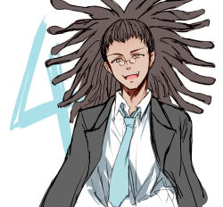 Rule 34 | 1boy, :d, black jacket, collared shirt, commentary request, danganronpa (series), danganronpa 3 (anime), dreadlocks, formal, glasses, hagakure yasuhiro, hair up, jacket, jacket on shoulders, long hair, long sleeves, lowres, male focus, meipoi, necktie, official alternate costume, open clothes, open jacket, open mouth, round eyewear, shirt, smile, solo, teeth, upper body, upper teeth only, white background, white shirt