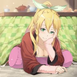 Rule 34 | 1girl, blonde hair, blush, breasts, cleavage, collarbone, green eyes, green ribbon, hair between eyes, hair ribbon, head rest, high ponytail, indoors, jacket, kotatsu, leafa, long hair, looking at viewer, lying, medium breasts, multiple girls, on stomach, pillow, pink sweater, pointy ears, ponytail, red jacket, ribbon, smile, solo, sweater, sword art online, table, under kotatsu, under table