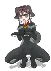 Rule 34 | bad end precure, bodysuit, breasts, brown eyes, brown hair, collar, corruption, cosplay, dog girl, elly snail, empty eyes, gertrud barkhorn, highres, latex, medium breasts, precure, smile precure!, squatting, strike witches, tongue, tongue out, twintails, world witches series