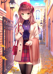 Rule 34 | 1girl, autumn, autumn leaves, bag, beret, black thighhighs, blue sky, blush, breasts, brown coat, brown hair, brown scarf, building, cellphone, cloud, coat, commentary, cowboy shot, day, fingernails, fortissimo, fringe trim, gate, ginkgo leaf, ginkgo tree, green eyes, hair ornament, handbag, hat, heart pendant, higeneko, highres, holding, holding phone, jewelry, leaf, long hair, long sleeves, looking at viewer, md5 mismatch, musical note, musical note hair ornament, open clothes, open coat, original, outdoors, parted lips, pendant, phone, plaid, plaid skirt, purple shirt, red hat, red skirt, resolution mismatch, revision, scarf, shirt, shoulder bag, skirt, sky, sleeves past wrists, small breasts, smartphone, solo, source smaller, standing, thighhighs, treble clef, turtleneck, wall lamp, window, zettai ryouiki