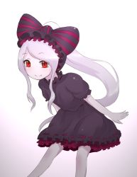 Rule 34 | 1girl, adapted costume, bow, disco brando, dress, fang, fang out, frilled dress, frills, gothic lolita, hairband, leaning forward, lolita fashion, lolita hairband, long hair, looking at viewer, no nose, overlord (maruyama), red eyes, ribbon-trimmed clothes, ribbon trim, shalltear bloodfallen, short dress, silver hair, smile, solo, vampire, very long hair