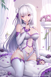 Rule 34 | 1girl, :o, adapted costume, bare shoulders, blush, bracelet, braid, breasts, cameltoe, cleavage, cleavage cutout, clothing cutout, commentary request, commission, crown braid, detached sleeves, deviantart username, emilia (re:zero), finger to mouth, flower, frilled pillow, frills, groin, hair flower, hair ornament, hair ribbon, highres, index finger raised, indoors, jewelry, jurrig, large breasts, leotard, long hair, long sleeves, looking at viewer, navel, navel cutout, open mouth, petals, pillar, pillow, pixiv commission, purple eyes, purple ribbon, re:zero kara hajimeru isekai seikatsu, revision, ribbon, rose petals, sitting, solo, stomach, straddling, thighhighs, white flower, white leotard, white thighhighs