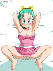 Rule 34 | 1girl, alternate hairstyle, amedama akihito, armpits, arms up, barefoot, bed, blue eyes, blush, breasts, bulma, cleavage, closed mouth, dragon ball, dress, earrings, feet, female focus, from above, full body, green hair, groin, hair ribbon, jewelry, legs, looking at viewer, lying, medium breasts, old school academy, panties, pantyshot, pink dress, ponytail, ribbon, smile, solo, spread legs, stud earrings, thighs, toes, underwear, white background