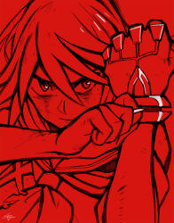 Rule 34 | 1girl, clenched hand, closed mouth, dirty, dirty face, hair between eyes, kill la kill, life fiber, matoi ryuuko, mei ford, mixed-language commentary, monochrome, neckerchief, pulling, red theme, sailor collar, senketsu, short hair, simple background, solo, upper body