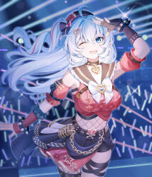 1girl absurdres ahoge aimh black_gloves black_hat black_shorts blue_eyes blue_hair breasts choker cowboy_shot crop_top fingerless_gloves fishnets gloves glowstick hair_ornament hat heart heart_choker highres holding holding_glowstick honkai_(series) honkai_impact_3rd large_breasts light_blue_hair long_hair midriff one_eye_closed open_mouth shigure_kira shigure_kira_(tonight&#039;s_my_time!) short_shorts shorts single_glove smile solo_focus stage thighs