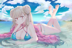 Rule 34 | 1girl, absurdres, ahoge, alternate costume, ass, azur lane, bikini, blue bikini, blue sky, blush, braid, breasts, butt crack, choker, cleavage, day, double bun, formidable (azur lane), formidable (the lady of the beach) (azur lane), full body, hair bun, highres, large breasts, long hair, looking at viewer, lying, on stomach, outdoors, red eyes, ru zhai, sidelocks, sky, solo, swimsuit, the pose, thighs, very long hair, wet