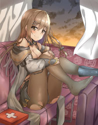 Rule 34 | 1girl, bare shoulders, blush, breasts, brown eyes, brown hair, cleavage, cloud, cloudy sky, curtains, fingerless gloves, girls&#039; frontline, gloves, grey hair, grey skirt, hair ornament, hairclip, hand on own knee, highres, indoors, k2 (girls&#039; frontline), legs up, long hair, looking at viewer, medium breasts, miniskirt, off shoulder, pantyhose, pleated skirt, sitting, skirt, sky, smile, solo, sunhyun, sunset, torn clothes, torn pantyhose, train, train interior, very long hair, window