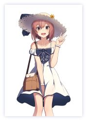 Rule 34 | 1girl, absurdres, anchor print, bag, between legs, border, bracelet, brown eyes, brown hair, clothes between thighs, collarbone, flower, grey border, hand between legs, handbag, hat, hat flower, highres, jewelry, kantai collection, knees together feet apart, legs together, rankebu, round teeth, smile, solo, spaghetti strap, straw hat, teeth, upper teeth only, white background, white hat, yukikaze (kancolle)