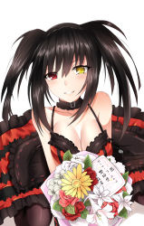 Rule 34 | 1girl, bad id, bad pixiv id, bare shoulders, black hair, blush, bouquet, breasts, choker, cleavage, date a live, feng mouren, flower, gothic lolita, hair between eyes, heterochromia, highres, lolita fashion, looking at viewer, medium breasts, parted lips, red eyes, short twintails, sitting, smile, solo, tokisaki kurumi, translation request, twintails, white background, yellow eyes, yokozuwari