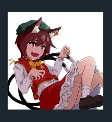 Rule 34 | 1girl, ahoge, animal ear fluff, animal ear piercing, animal ears, border, bow, bowtie, bright pupils, brown eyes, brown footwear, brown hair, cat ears, cat girl, cat tail, chen, commentary, diamond-shaped pupils, diamond (shape), fang, flat chest, foot out of frame, frilled skirt, frills, green border, green hat, hair between eyes, hat, highres, long sleeves, looking at viewer, medium bangs, mob cap, multiple tails, open mouth, paw pose, red nails, red skirt, red vest, shirt, shoes, short hair, simple background, skirt, skirt set, smile, socks, solo, symbol-shaped pupils, tail, touhou, two tails, vest, white background, white pupils, white shirt, white socks, yan pai, yellow bow, yellow bowtie