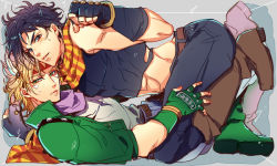 Rule 34 | 2boys, battle tendency, belt, black hair, blonde hair, boots, box, caesar anthonio zeppeli, cramped, cropped jacket, facial mark, feathers, fingerless gloves, gloves, green eyes, green footwear, green jacket, headband, in box, in container, jacket, jojo no kimyou na bouken, joseph joestar, joseph joestar (young), lovehammer, male focus, midriff, multiple boys, pants, ribbon, scarf, shoes, striped clothes, striped scarf, white pants