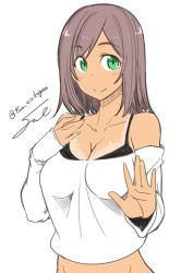 Rule 34 | 1girl, artist name, blush, breasts, brown hair, cleavage, closed mouth, collarbone, commentary request, fue (rhomphair), green eyes, hand on own chest, large breasts, looking at viewer, off shoulder, original, signature, simple background, smile, solo, tan, tanline, tareme, twitter username, upper body, white background