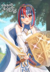 Rule 34 | 1girl, alear (female) (fire emblem), alear (fire emblem), alternate costume, blue eyes, blue hair, blush, borrowed clothes, braid, commission, cosplay, costume switch, crossed bangs, crown braid, fire emblem, fire emblem engage, hair between eyes, heterochromia, highres, jewelry, long hair, lucina (fire emblem), lucina (fire emblem) (cosplay), multicolored hair, nintendo, px-tea, red eyes, red hair, skeb commission, split-color hair, tiara, two-tone hair