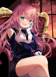 Rule 34 | 1girl, :d, ahoge, clothing cutout, crossed legs, dies irae, gloves, green eyes, hand on own face, hand on own thigh, highres, kasane (cynthia), long hair, looking at viewer, necktie, open mouth, pink hair, rusalka schwagerin, shinza bansho series, shoulder cutout, sitting, smile, solo, white gloves