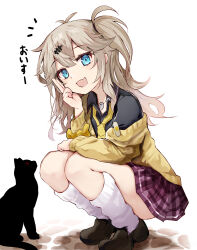 Rule 34 | 1girl, antenna hair, black footwear, black shirt, blue eyes, brown hair, cardigan, cat, collared shirt, efe, fang, hair ornament, highres, jacket, jewelry, kasukabe tsumugi, loafers, long hair, long sleeves, looking at viewer, loose socks, miniskirt, necktie, notice lines, one side up, open mouth, pendant, red skirt, scrunchie, shirt, shoes, skin fang, skirt, smile, socks, solo, squatting, voicevox, white background, white socks, wrist scrunchie, yellow jacket, yellow necktie