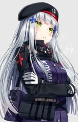 Rule 34 | 1girl, bad id, bad twitter id, bag, beret, blunt bangs, blush, breast pocket, breasts, buttons, clothes writing, crossed arms, facial mark, girls&#039; frontline, gloves, green eyes, grey background, hair ornament, hat, highres, hk416 (girls&#039; frontline), jacket, long hair, long sleeves, magazine (weapon), medium breasts, parted lips, pocket, pouch, shoulder bag, signature, silver hair, simple background, solo, superpig, teardrop, upper body, very long hair