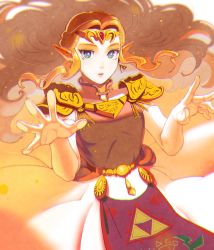 Rule 34 | 1girl, armor, belt, blue eyes, breasts, circlet, dress, earrings, elbow gloves, gloves, high collar, highres, jewelry, long dress, long hair, looking at viewer, medium breasts, nintendo, outstretched arms, parted bangs, pointy ears, princess zelda, shiro murasaki, shoulder armor, sidelocks, the legend of zelda, the legend of zelda: ocarina of time, triforce, upper body, w arms, wavy hair, white dress, white gloves