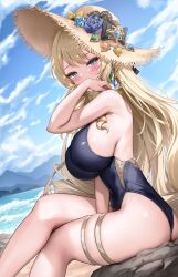 Rule 34 | 1girl, absurdres, ass, beach, black one-piece swimsuit, blonde hair, blue eyes, blue sky, blush, breasts, cloud, crossed legs, day, drill hair, drill sidelocks, flower, gem, genshin impact, hat, hat flower, highres, large breasts, looking at viewer, lunacle, navia (genshin impact), one-piece swimsuit, outdoors, rock, sideboob, sidelocks, sitting, sky, solo, straw hat, swimsuit, thighlet