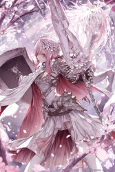 Rule 34 | 1girl, animal, armor, belt, breasts, cape, copyright notice, dress, flower, gauntlets, gradient hair, hair flower, hair ornament, head tilt, holding, horse, huge weapon, long hair, long image, multicolored hair, pale skin, petals, pink hair, plant, shield, solo, standing, tall image, tree, wanke, weapon, wreath