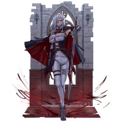 Rule 34 | 1girl, absurdres, ascot, belt, breasts, cape, gauntlets, grey hair, hair over one eye, harris hero, highres, holding, holding sword, holding weapon, knight, large breasts, armored boots, original, pants, red ascot, red eyes, solo, stone wall, sword, wall, weapon, white pants, window, yuri crimson