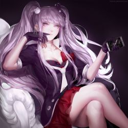 Rule 34 | 1girl, braid, breasts, cellphone, cleavage, cosplay, danganronpa (series), danganronpa 3 (anime), enoshima junko, enoshima junko (cosplay), gloves, hair ornament, hair ribbon, highres, katorius, kirigiri kyoko, long hair, monokuma, phone, purple eyes, purple hair, ribbon, sleeves rolled up, solo, spoilers, twintails