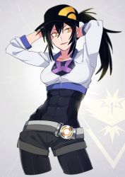 Rule 34 | 1girl, abs, arms behind head, belt, black hair, breasts, contrapposto, creatures (company), cropped jacket, female protagonist (pokemon go), fig (lchijiku), game freak, gen 1 pokemon, hat, legendary pokemon, leggings, leggings under shorts, medium breasts, nintendo, pantyhose, pantyhose under shorts, parted lips, pokemon, pokemon (creature), pokemon go, ponytail, short shorts, shorts, sleeves pushed up, solo, standing, toned, yellow eyes, zapdos