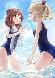 Rule 34 | 2girls, alternate costume, ass, ball, beachball, blonde hair, blue eyes, blue one-piece swimsuit, blue sky, blush, bow, breasts, brown hair, cloud, cloudy sky, commission, day, drill hair, gas mask, hair between eyes, hair bow, hair ribbon, harukaze (kancolle), hatakaze (kancolle), highres, kantai collection, mask, multiple girls, ocean, one-piece swimsuit, outdoors, ponytail, red bow, red eyes, red ribbon, ribbon, school swimsuit, skeb commission, sky, small breasts, sunlight, swimsuit, twin drills, water, wet, wet clothes, wet swimsuit, yamashichi (mtseven)