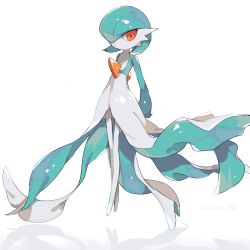 Rule 34 | 1other, :&lt;, absurdres, ambiguous gender, arms behind back, bare legs, closed mouth, colored skin, commentary request, creatures (company), dress, flat chest, full body, game freak, gardevoir, gen 3 pokemon, green hair, hideko (l33l3b), highres, long dress, long legs, looking at viewer, nintendo, orange eyes, pokemon, pokemon (creature), reflective floor, short hair, signature, simple background, skinny, solo, standing, tsurime, twitter username, v-shaped eyes, white background, white skin