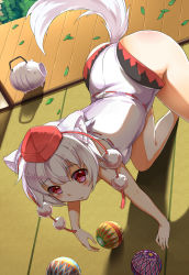 Rule 34 | 1girl, adapted costume, all fours, animal ears, ass, ball, blush, greetload, hat, hat ribbon, highres, inubashiri momiji, leotard, looking at viewer, open door, pink eyes, playing, ribbon, silver hair, solo, tail, tatami, tokin hat, touhou, veranda, wolf ears, wolf tail