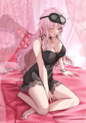 Rule 34 | 1girl, bed, black bracelet, black choker, black nightgown, blush, breasts, choker, cleavage, collarbone, commentary, dealesis, english commentary, feet, highres, hololive, hololive english, large breasts, legs, long hair, looking at viewer, messy hair, mori calliope, mori calliope (sleepwear), nightgown, no shoes, official alternate costume, one eye closed, open mouth, pink hair, pink theme, red eyes, solo, thighs, toes, virtual youtuber
