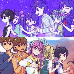 Rule 34 | 4girls, 6+boys, antenna hair, aqua eyes, aqua hairband, aqua shirt, arms at sides, aubrey (faraway) (omori), aubrey (headspace) (omori), aubrey (omori), bare shoulders, basil (faraway) (omori), basil (headspace) (omori), basil (omori), black eyes, black hair, black shirt, black sweater vest, black tank top, blonde hair, blue overalls, blue pajamas, blue shirt, blush, bow, bright pupils, brother and sister, brothers, brown hair, checkered clothes, checkered shirt, closed eyes, closed mouth, cloud, collarbone, collared shirt, colored eyelashes, colored skin, covering own mouth, dual persona, expressionless, green eyes, green hair, green shirt, green sweater vest, hair behind ear, hair between eyes, hair bow, hairband, hand on another&#039;s arm, hand on another&#039;s back, hand on another&#039;s shoulder, hand on own face, hands on another&#039;s shoulders, head wreath, hero (faraway) (omori), hero (headspace) (omori), hero (omori), highres, jacket, kel (faraway) (omori), kel (headspace) (omori), kel (omori), laser-lance, long hair, long sleeves, looking at another, looking at viewer, mari (faraway) (omori), mari (headspace) (omori), mari (omori), multiple boys, multiple girls, neckerchief, no pupils, omori, omori (omori), open clothes, open jacket, open mouth, orange tank top, outdoors, overalls, pajamas, parted lips, pink bow, purple eyes, purple hair, purple sky, purple sweater vest, red neckerchief, red skirt, sailor collar, shirt, short hair, short sleeves, siblings, skirt, sky, sleeveless, spoilers, star (sky), striped clothes, striped shirt, sunny (omori), sunset, sweater vest, tan, tank top, teeth, upper teeth only, v-neck, v-shaped eyebrows, vertical-striped clothes, vertical-striped pajamas, vertical-striped shirt, white pajamas, white pupils, white shirt, white skin, white trim, yellow sailor collar