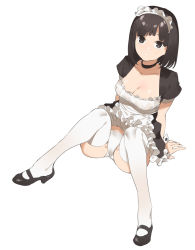Rule 34 | 1girl, 2l (2lsize), apron, arms at sides, black eyes, black hair, blush, bob cut, breasts, choker, cleavage, clothes lift, embarrassed, from above, full-face blush, full body, highres, looking at viewer, maid, maid headdress, medium breasts, original, panties, short hair, simple background, sitting, skirt, skirt lift, solo, thighhighs, underwear, white background, white panties, white thighhighs, wrist cuffs