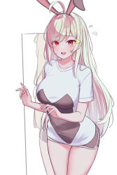 Rule 34 | 1girl, :d, absurdres, ahoge, animal ears, black shorts, blonde hair, blush, breasts, fake animal ears, flying sweatdrops, highres, jingburger, large breasts, long hair, looking at viewer, mirror, open mouth, rabbit ears, red eyes, shirt, short shorts, short sleeves, shorts, simple background, smile, solo, sundance0218, t-shirt, virtual youtuber, waktaverse, white background, white shirt