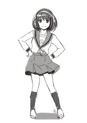 Rule 34 | 1girl, ganto, monochrome, school uniform, simple background, skirt, suzumiya haruhi, suzumiya haruhi no yuuutsu, tagme, white background